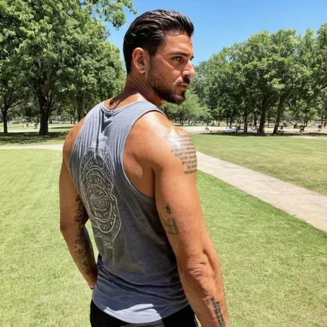photo of m1chele a man, side view, showing back, wearing a tank top, tattoos, beard, at a park, <lora:Michele_Morrone_SDXL-2:.9>