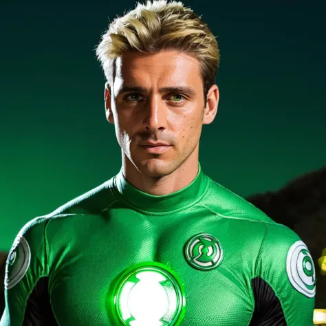close-up photo of m1chele a man, looking at viewer, blonde hair, wearing a green lantern outfit, <lora:Michele_Morrone_SDXL-2:.9>