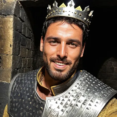 close-up photo of m1chele a man, happy, beard, smiling, at a dungeon, dressed as a king,  <lora:Michele_Morrone_SDXL-2:.9>
