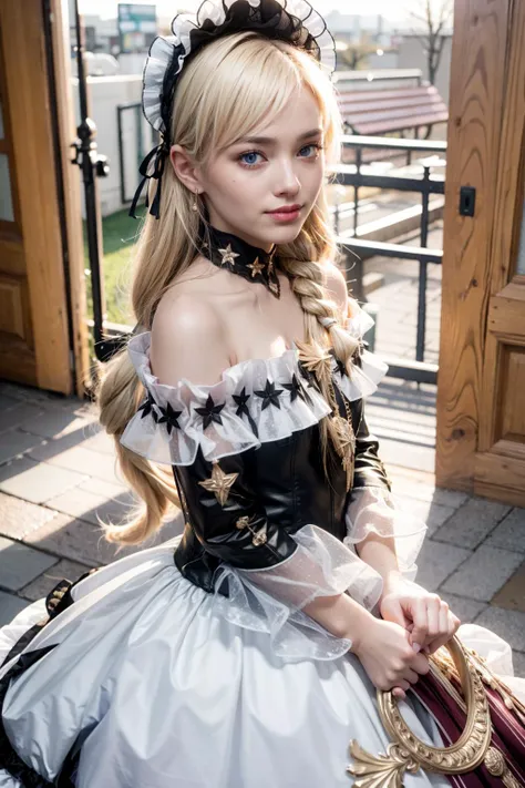 (realistic:1.3), finely detailed, quality, rembrandt lighting, (masterpiece:1.2), (photorealistic:1.2), (best quality), (detailed skin:1.3), (intricate details), dramatic, ray tracing, 1girl, empyrean_psalms, 21 years old, detailed skin texture, (blush:0.5), (goosebumps:0.5), subsurface scattering, smiling, medium breasts, very long hair, hair between eyes, blonde hair, black_dress, frilled_dress, off-shoulder_dress, bare_shoulders, long_sleeves, star_(symbol), lolita_fashion, cowboy shot, (bright sunny day), <lora:empyrean_psalms_v1:1>