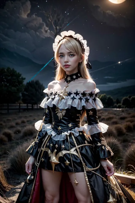 (realistic:1.3), finely detailed, quality, rembrandt lighting, (masterpiece:1.2), (photorealistic:1.2), (best quality), (detailed skin:1.3), (intricate details), dramatic, ray tracing, 1girl, empyrean_psalms, 21 years old, detailed skin texture, (blush:0.5), (goosebumps:0.5), subsurface scattering, smiling, medium breasts, very long hair, hair between eyes, blonde hair, black_dress, frilled_dress, off-shoulder_dress, bare_shoulders, long_sleeves, star_(symbol), lolita_fashion, cowboy shot, (night sky, night, field), <lora:empyrean_psalms_v1:1>