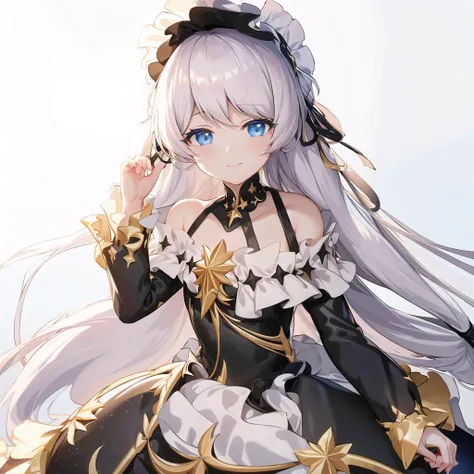 (masterpiece:1.2), (best quality:1.3), empyrean_psalms, 1girl, smile, black_dress, bare_shoulders,  long_sleeves, frills, star_(symbol), ****ta_fashion, frilled_dress, off-shoulder_dress, <lora:_empyrean_psalms_v1-046:1>