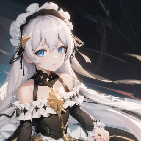 (masterpiece:1.2), (best quality:1.3), empyrean_psalms, 1girl, dress, smile, black_dress, bare_shoulders, simple_background, long_sleeves, frills, star_(symbol), lolita_fashion, frilled_dress, off-shoulder_dress, <lora:_empyrean_psalms_v1-046:1>