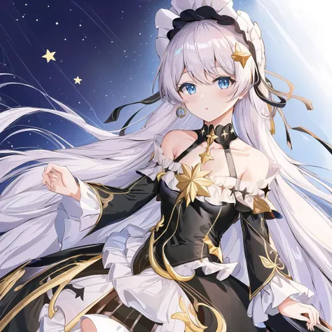 (masterpiece:1.2), (best quality:1.3), empyrean_psalms, 1girl, black_dress, frilled_dress, off-shoulder_dress, bare_shoulders, long_sleeves, star_(symbol), lolita_fashion, <lora:_empyrean_psalms_v1-046:1>