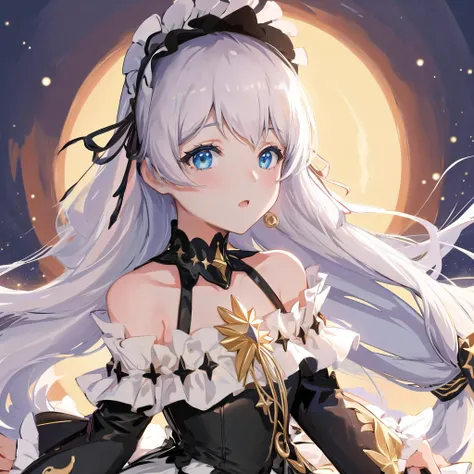 (masterpiece:1.2), (best quality:1.3), empyrean_psalms, 1girl, black_dress, frilled_dress, off-shoulder_dress, bare_shoulders, long_sleeves, star_(symbol), ta_fashion, <lora:_empyrean_psalms_v1-046:1>