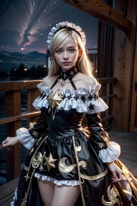 (realistic:1.3), finely detailed, quality, rembrandt lighting, (masterpiece:1.2), (photorealistic:1.2), (best quality), (detailed skin:1.3), (intricate details), dramatic, ray tracing, 1girl, empyrean_psalms, 21 years old, detailed skin texture, (blush:0.5), (goosebumps:0.5), subsurface scattering, smiling, medium breasts, very long hair, hair between eyes, blonde hair, black_dress, frilled_dress, off-shoulder_dress, bare_shoulders, long_sleeves, star_(symbol), lolita_fashion, cowboy shot, (night sky, night), <lora:empyrean_psalms_v1:1>