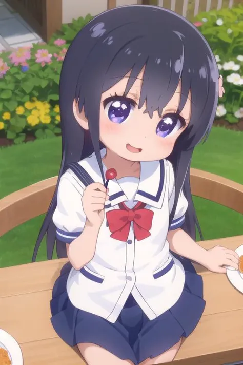 masterpiece,ultra detail,best quality,1girl,petite,chibi, watahana,outdoor,flower garden,happy,blush <lora:Wataten_Hana-v20:0.7>,serafuku,food on table,from above,kirakira,