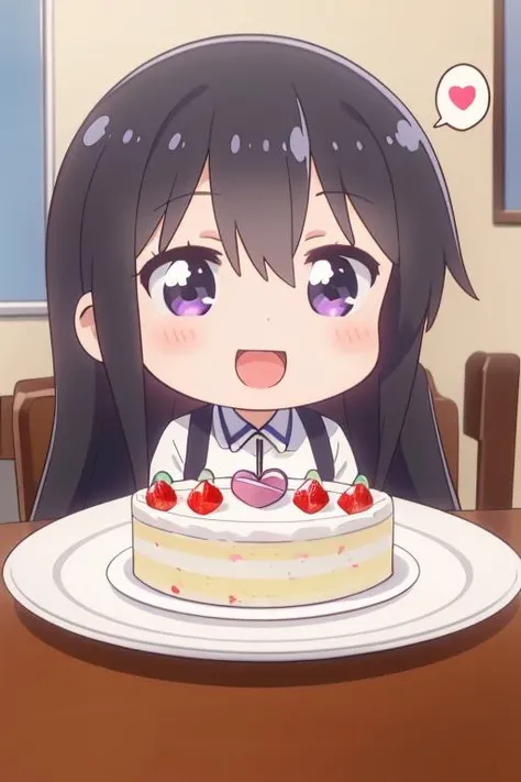 ultra-detailed,masterpiece,best quality,indoor,1girl,hana,comic style,spoken heart,petite,black longhair,chibi,shiny eyes,blush,happy birthday,text,cake,food,table,happy <lora:Wataten_Hana-v20:0.7>