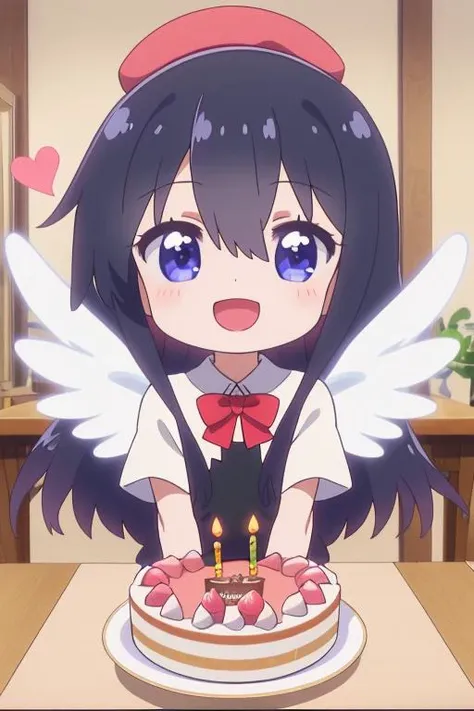 ultra-detailed,masterpiece,best quality,indoor,1girl,hana,petite,chibi,(happy birthday,text)anime cap style,heart,black longhair,shiny eyes,,cake,table,happy,waving at viewer <lora:Wataten_Hana-v20:0.8>angel wing
