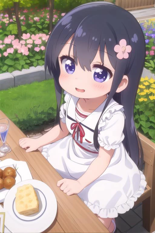 masterpiece,ultra detail,best quality,1girl,ite,chibi, watahana,outdoor,flower garden,happy,blush <lora:Wataten_Hana-v20:0.7>,summer dress,food on table,from above,kirakira