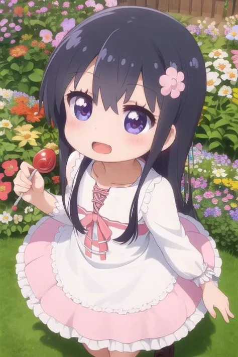 masterpiece,ultra detail,best quality,1girl,petite,chibi, watahana,outdoor,flower garden,happy,blush <lora:Wataten_Hana-v20:0.7>,pretty dress,holding large candy,from above,kirakira effect,
