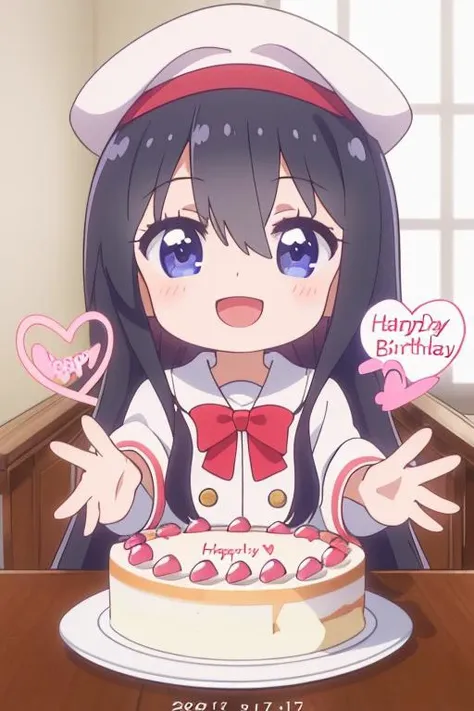 ultra-detailed,masterpiece,best quality,indoor,1girl,hana,petite,chibi,(happy birthday,text)anime cap style,heart,black longhair,shiny eyes,,cake,table,happy,waving at viewer <lora:Wataten_Hana-v20:0.8>