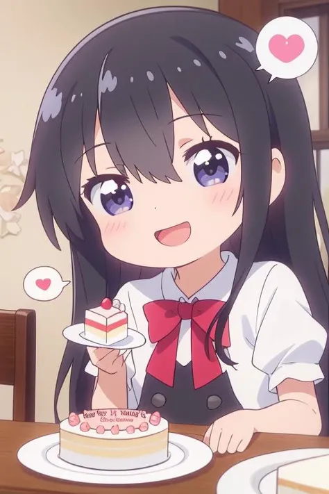 ultra-detailed,masterpiece,best quality,indoor,1girl,hana,comic style,spoken heart,petite,black longhair,chibi,shiny eyes,blush,happy birthday,text,cake,food,table,happy <lora:Wataten_Hana-v20:0.7>
