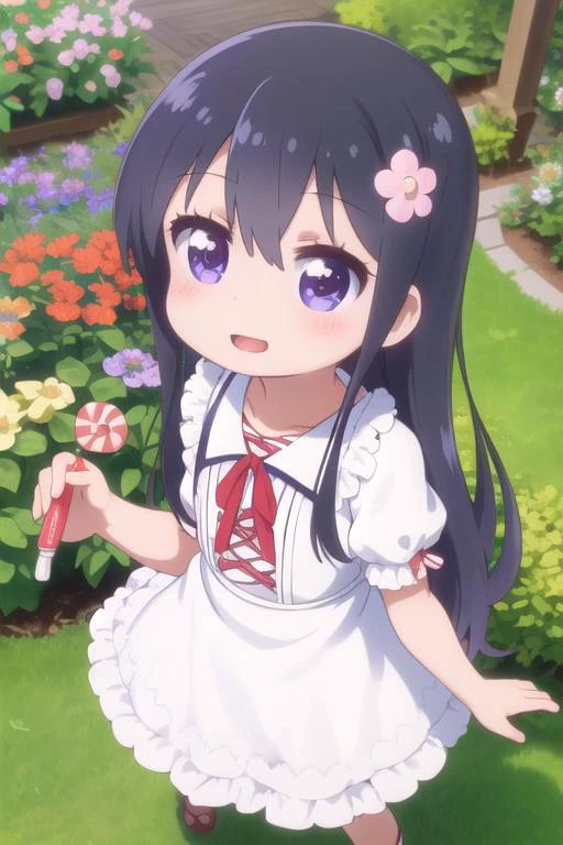 masterpiece,ultra detail,best quality,1girl,ite,chibi, watahana,outdoor,flower garden,happy,blush <lora:Wataten_Hana-v20:0.7>,pretty dress,holding large candy,from above,kirakira effect,