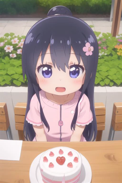 masterpiece,ultra detail,best quality,1girl,ite,chibi, watahana,outdoor,flower garden,happy,blush <lora:Wataten_Hana-v20:0.7>childish onepiece,cake on table,from above,kirakira