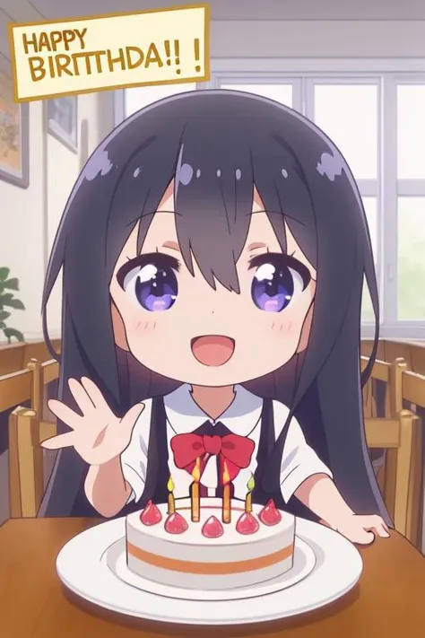 ultra-detailed,masterpiece,best quality,indoor,1girl,hana,comic style,spoken heart,petite,black longhair,chibi,shiny eyes,(happy birthday,text),cake,table,happy,waving at viewer <lora:Wataten_Hana-v20:0.8>