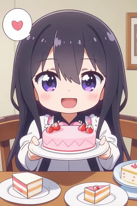 ultra-detailed,masterpiece,best quality,indoor,1girl,hana,comic style,spoken heart,petite,black longhair,chibi,shiny eyes,blush,happy birthday,text,cake,food,table,happy <lora:Wataten_Hana-v20:0.7>