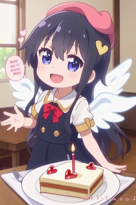 ultra-detailed,masterpiece,best quality,indoor,1girl,hana,petite,chibi,(happy birthday,text)anime cap style,heart,black longhair,shiny eyes,,cake,table,happy,waving at viewer <lora:Wataten_Hana-v20:0.8>angel wing