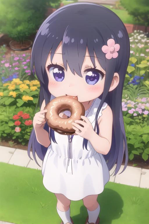masterpiece,ultra detail,best quality,1girl,ite,chibi, watahana,outdoor,flower garden,happy,blush <lora:Wataten_Hana-v20:0.7>childish onepiece,eating donut,from above,kirakiraeye