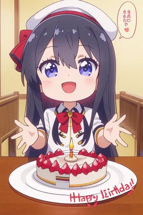 ultra-detailed,masterpiece,best quality,indoor,1girl,hana,petite,chibi,(happy birthday,text)anime cap style,heart,black longhair,shiny eyes,,cake,table,happy,waving at viewer <lora:Wataten_Hana-v20:0.8>