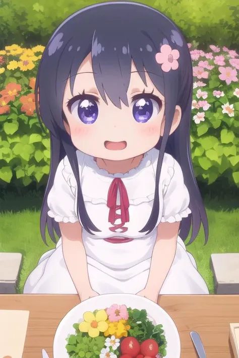 masterpiece,ultra detail,best quality,1girl,petite,chibi, watahana,outdoor,flower garden,happy,blush <lora:Wataten_Hana-v20:0.7>,summer dress,food on table,from above,kirakira