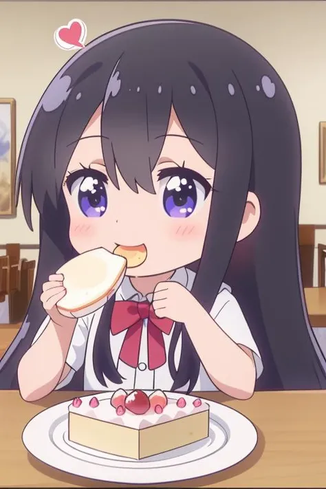 ultra-detailed,masterpiece,best quality,indoor,1girl,hana,comic style,spoken heart,petite,black longhair,chibi,shiny eyes,blush,happy birthday,text,cake,foods,eating,table,happy <lora:Wataten_Hana-v20:0.8>