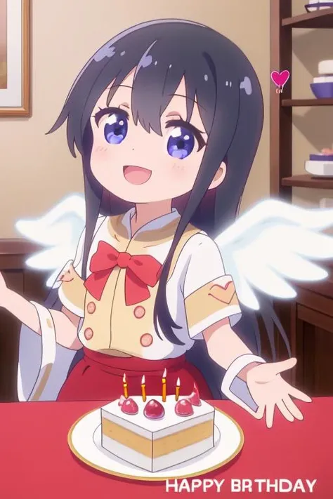 ultra-detailed,masterpiece,best quality,indoor,1girl,hana,petite,chibi,(happy birthday,text)anime cap style,heart,black longhair,shiny eyes,,cake,table,happy,waving at viewer <lora:Wataten_Hana-v20:0.8>angel wing