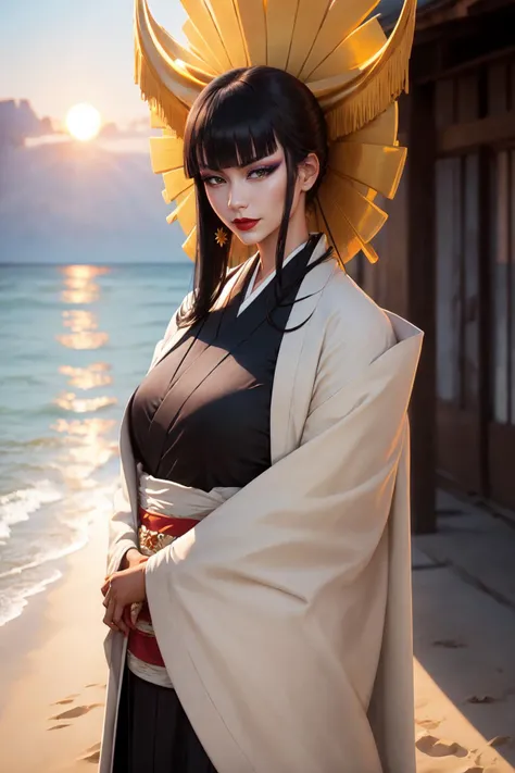 masterpiece, best quality, SShutaraV4, 1girl, solo, looking at viewer, slight smile, long hair, bangs, blunt bangs, sidelocks, (black eyes), (black hair:1.4), makeup, lipstick, red lipstick, mature, mature female, japanese clothes, kimono, sunset, outdoors, sea, water, sand, cowboy shot, <lora:SShutaraV4-10:0.8>