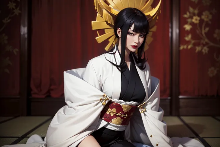 (masterpiece, best quality), SShutaraV4, 1girl, solo, slight smile, long hair, bangs, blunt bangs, sidelocks, (black eyes), (black hair:1.4), makeup, lipstick, red lipstick, mature, mature female, japanese clothes, sitting, kimono,japanese room background, <lora:SShutaraV4:0.8>