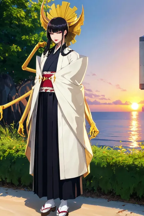 masterpiece, best quality, SShutaraV4, 1girl, solo, looking at viewer, slight smile, long hair, bangs, blunt bangs, sidelocks, (black eyes), (black hair:1.4) makeup, lipstick, red lipstick, mature, mature female, japanese clothes, kimono, sunset, outdoors, sea, water, sand, full body, extra arms, <lora:SShutaraV4-10:1>
