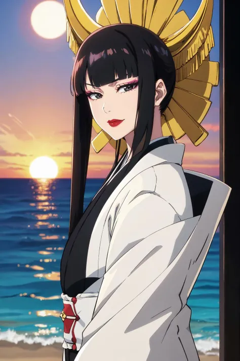 masterpiece, best quality, SShutaraV4, 1girl, solo, looking at viewer, slight smile, long hair, bangs, blunt bangs, sidelocks, (black eyes), (black hair:1.4) makeup, lipstick, red lipstick, mature, mature female, japanese clothes, kimono, sunset, outdoors, sea, water, sand, anime coloring, <lora:SShutaraV4-10:0.8>