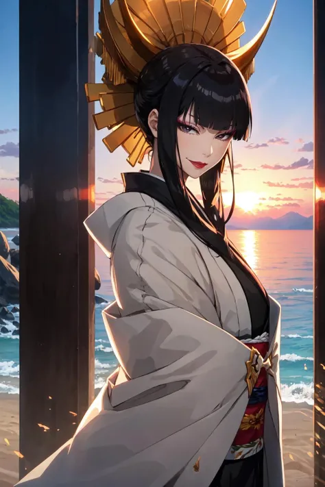 masterpiece, best quality, SShutaraV4, 1girl, solo, looking at viewer, slight smile, long hair, bangs, blunt bangs, sidelocks, (black eyes), (black hair:1.4), makeup, lipstick, red lipstick, mature, mature female, japanese clothes, kimono, sunset, outdoors, sea, water, sand, cowboy shot, <lora:SShutaraV4-10:0.8>