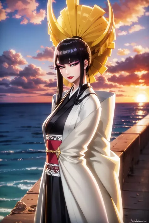 masterpiece, best quality, SShutaraV4, 1girl, solo, looking at viewer, slight smile, long hair, bangs, blunt bangs, sidelocks, (black eyes), (black hair:1.4) makeup, lipstick, red lipstick, mature, mature female, japanese clothes, kimono, sunset, outdoors, sea, water, sand, cowboy shot, <lora:SShutaraV4-10:0.8>