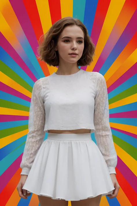 gorgeous cowboy shot photo of zoeyDeutch1:0.85 wearing (cute white outfit), fun, happy, cute, subtle makeup, in front of a vibrant rainbow background <lora:Colored_Lines_Background:1.2> <lora:CoolWear:0.4> <lora:ClothingAdjuster3:-0.5> CR1.2