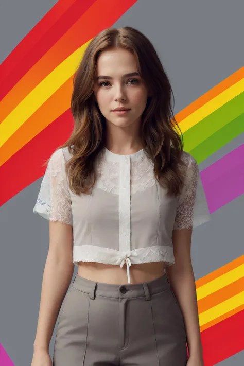 gorgeous cowboy shot photo of zoeyDeutch1:0.85 wearing (cute grey outfit), fun, happy, cute, subtle makeup, in front of a vibrant rainbow background <lora:Colored_Lines_Background:1.2> <lora:CoolWear:0.4> <lora:ClothingAdjuster3:-0.5> CR1.2