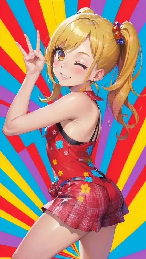 1girl, gyaru, portrait, smile, v,one eye closed, 
 <lora:Colored_Lines_Background:1>