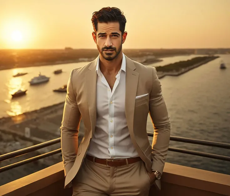 Nautical-themed (Photo:1.3) of (Ultrarealistic:1.3) <lora:Man_Men_FFashion:1> Darren Criss a man <lora:nikhil-sabharwal-Darren-Criss:0.8> in a tan suit standing on a balcony, sun behind him, inspired by Pablo Munoz Gomez, shot at golden hour, editorial photograph, midshot of a hunky, by Roman Bezpalkiv, by Artur Tarnowski, maxim sukharev, by Gabor Szikszai,Highly Detailed,(Mono Color:1.3) . Sea, ocean, ships, maritime, beach, marine life, highly detailed