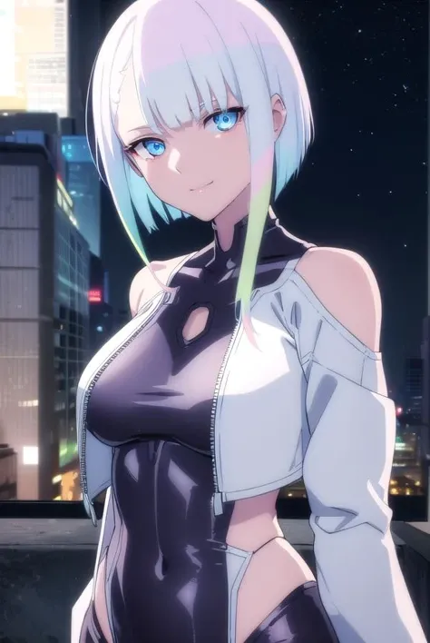 cyberpunklucy, <lora:cyberpunk lucy s1-lora-nochekaiser:1>,
lucy, short hair, bangs, blue eyes, blue hair, multicolored hair, makeup, multicolored eyes, smile,
BREAK bare hips, bodysuit, jacket, leotard, monowire, off shoulder, off-shoulder jacket, open clothes, open jacket, skindentation,
BREAK outdoors, city, moon, night, sky, clouds,
BREAK looking at viewer, (cowboy shot:1.5),
BREAK <lyco:GoodHands-beta2:1>, (masterpiece:1.2), best quality, high resolution, unity 8k wallpaper, (illustration:0.8), (beautiful detailed eyes:1.6), extremely detailed face, perfect lighting, extremely detailed CG, (perfect hands, perfect anatomy),