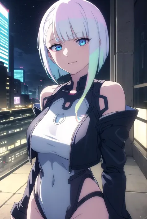 cyberpunklucy, <lora:cyberpunk lucy s1-lora-nochekaiser:1>,
lucy, short hair, bangs, blue eyes, blue hair, multicolored hair, makeup, multicolored eyes, smile,
BREAK bare hips, bodysuit, jacket, leotard, monowire, off shoulder, off-shoulder jacket, open clothes, open jacket, skindentation,
BREAK outdoors, city, moon, night, sky, clouds,
BREAK looking at viewer, (cowboy shot:1.5),
BREAK <lyco:GoodHands-beta2:1>, (masterpiece:1.2), best quality, high resolution, unity 8k wallpaper, (illustration:0.8), (beautiful detailed eyes:1.6), extremely detailed face, perfect lighting, extremely detailed CG, (perfect hands, perfect anatomy),