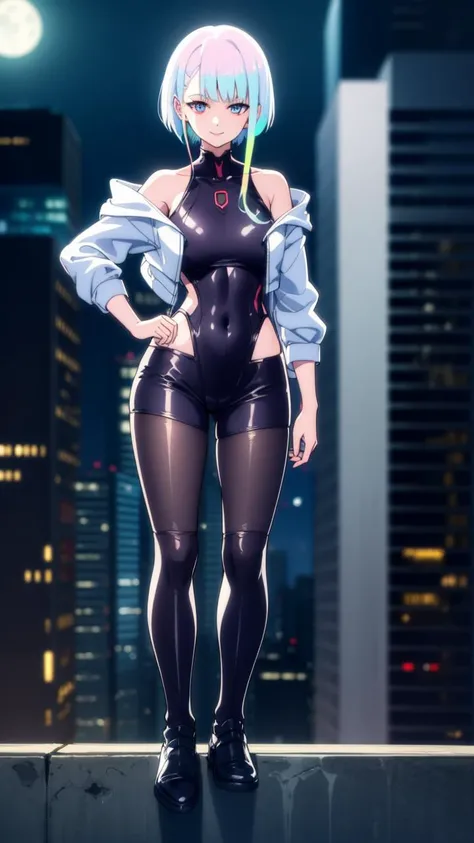 cyberpunklucy, <lora:cyberpunk lucy s1-lora-nochekaiser:1>,
1girl, solo, masterpiece, best quality, detail, light smile, cityscape, standing on the ground,
lucy, short hair, bangs, blue eyes, blue hair, multicolored hair, makeup, multicolored eyes, smile,
bare hips, bodysuit, jacket, leotard, monowire, off shoulder, off-shoulder jacket, open clothes, open jacket, skindentation,
BREAK outdoors, city, moon, night, sky, clouds,
BREAK looking at viewer, (cowboy shot:1.5),