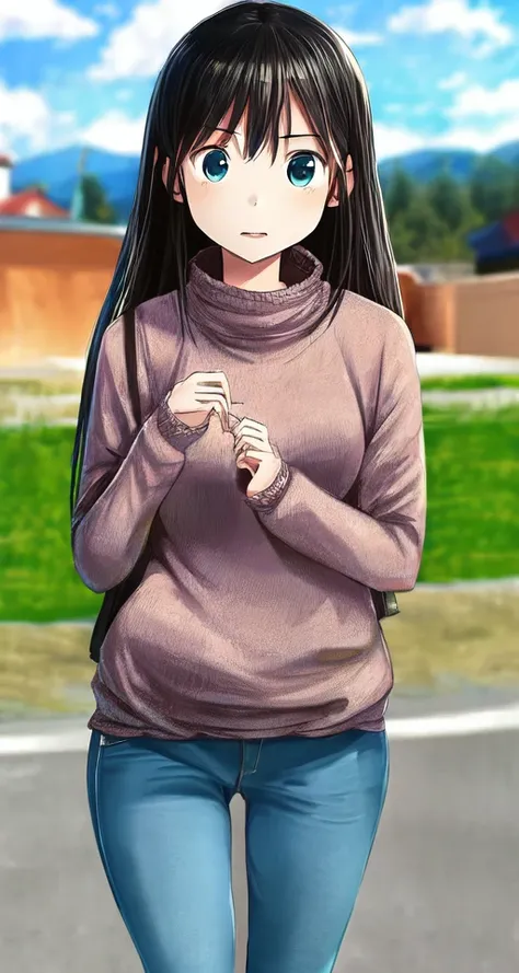 1girl, face, sweater, outdoors,  jeans, sky, flat