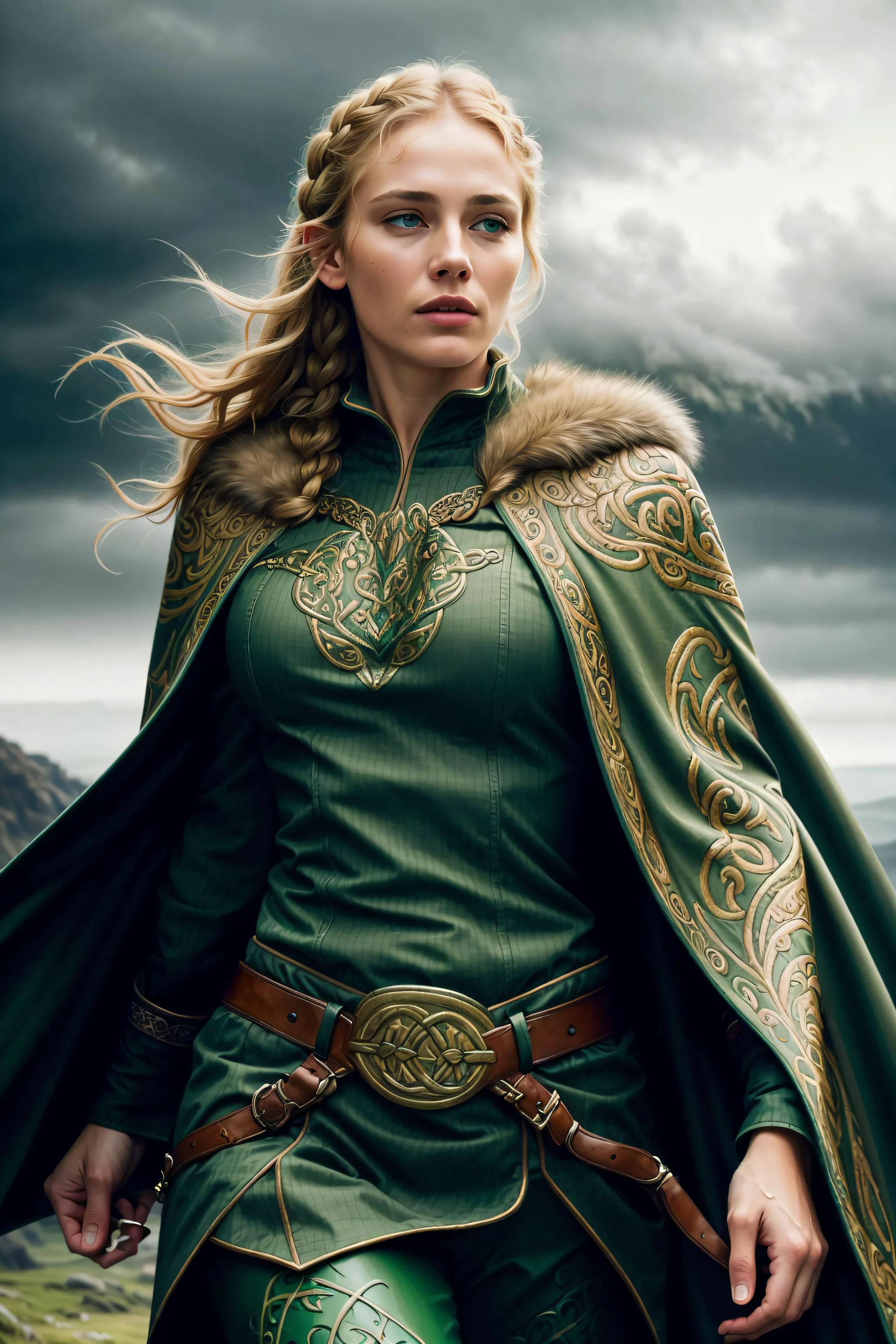 ((best quality)), ((masterpiece)), (detailed),4k, celtic, beautiful woman, blonde braid, green eyes, beautiful eyes, detailed face, <lora:CeltPunkAI:0.6>, CeltPunkAI, fur cape,pants, rain, mist, wind, fog, dark
