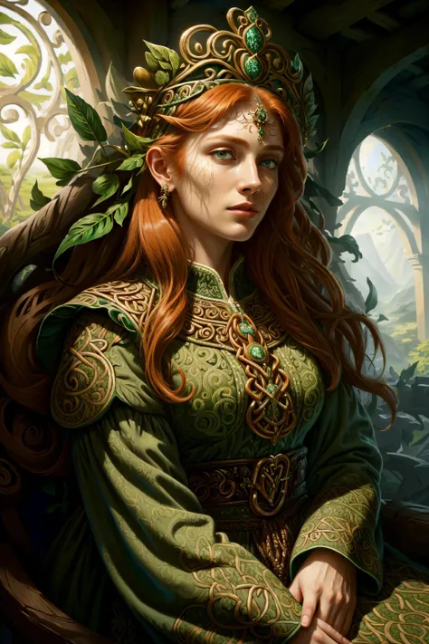 ((best quality)), ((masterpiece)), (detailed),4k, ginger woman, green eyes, beautiful eyes, detailed face, <lora:CeltPunkAI:1>, CeltPunkAI, long dress, intricate details, crown, indoors, wood house