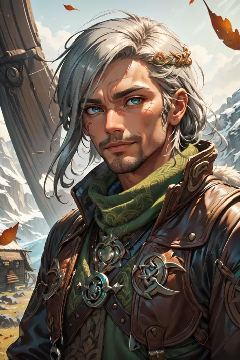 (masterpiece, best quality), <lora:add_detail_v5:1>, <lora:stylesqueeze_v1b:0.5>,
(1man, masculine adult italian male:1.2), jade eyes, silver hair, mid-fade,
portrait, solo, half shot, looking up, detailed background, detailed face, (<lora:CeltPunkAI:0.5>, CeltPunkAI, tribal celtic theme:1.1), trapper, trapmaker, smirk, fur lined leather clothing, gloves, scarf, traps, net, skinning knife, pelts, hides, campsite background, fallen leaves, fantasy frontier cinematic atmosphere,