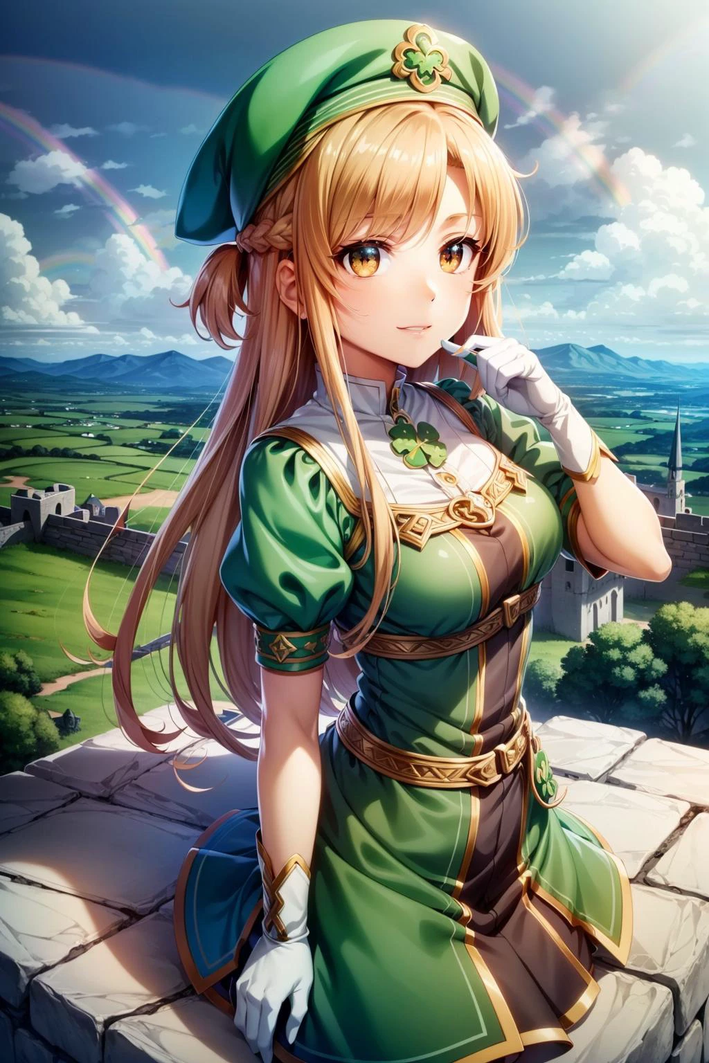 (anime style:1.3), aasuna, long hair, brown hair, braid, brown eyes, <lora:asuna_(sao)_v1:0.7>, green dress, green hat, green legwear, white gloves, saint patrick, golden ornaments, <lora:CeltPunkAI:0.5>, CeltPunkAI, celtic, looking at viewer, light smile, beautiful detailed face, beautiful detailed eyes, (saint patrick, four-leaf clover, clovers on background), castle ramparts, stone battlements, archers on watch, panoramic views, defending stronghold, ((gold coins, gold, (rainbow))), colorful landscape, sharp details, sfw, <lora:add_detail:0.3>