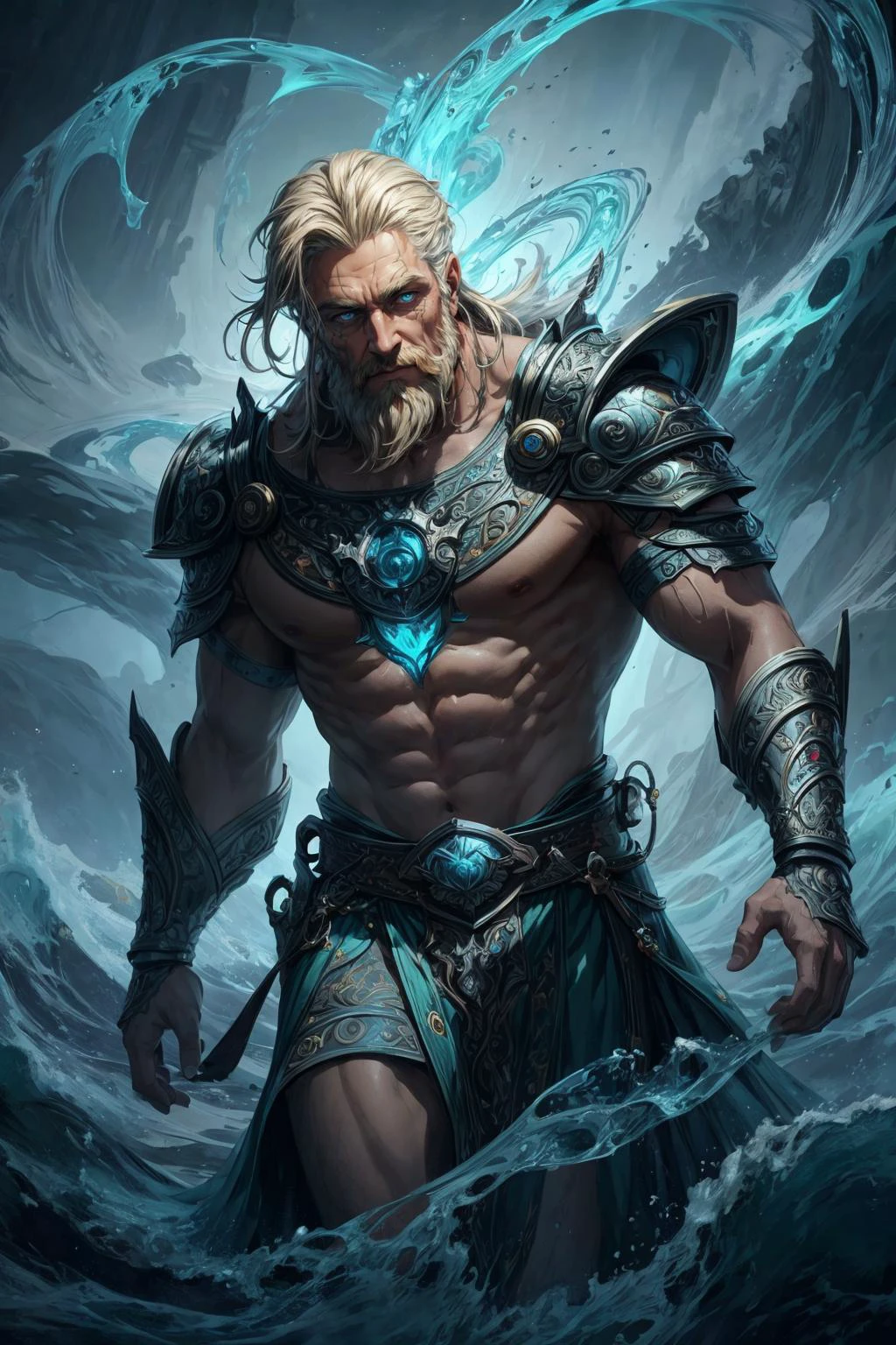 (masterpiece, best quality), stylized digital art, <lora:add_detail:1>
(1man, muscular adult male:1.2), silver eyes, natural blonde hair, beard,
Style-GravityMagic, solo, (full body:0.6), looking at viewer, detailed background, detailed face, (<lora:CeltPunkAI:0.5>, CeltPunkAI, tribal celtic theme:1.1), (glowing eyes:1.05), water wizard, swirling water, <lora:waterVFX:0.4> controlling the water, fantasy spellcaster clothes, walking, smiling, mystical water, drops of water, vapor, ocean in background, backlighting, epic atmosphere,