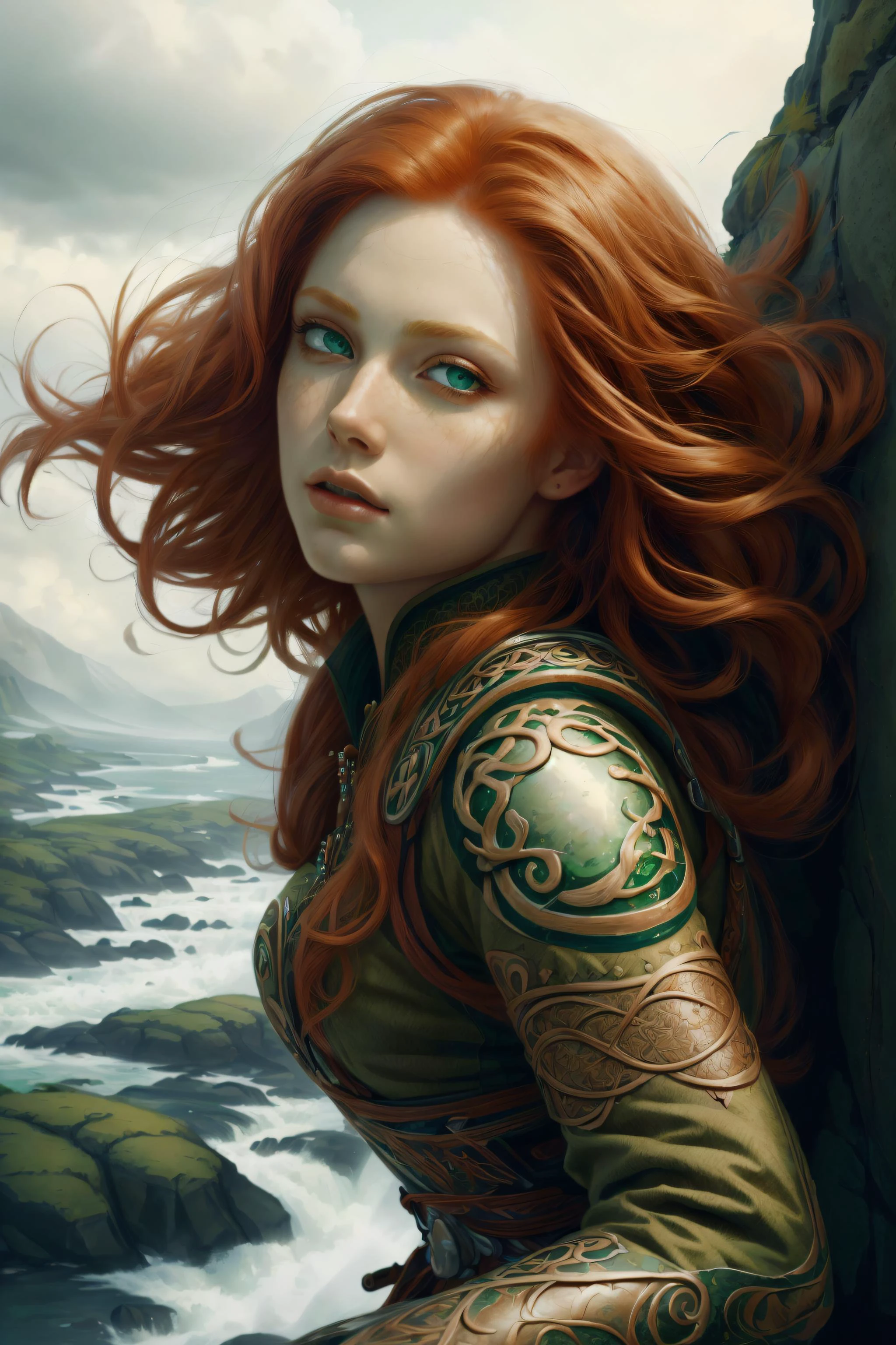 ((best quality)), ((masterpiece)), (detailed),4k, ginger woman, green eyes, beautiful eyes, detailed face, <lora:CeltPunkAI:0.9>, rock wall, wind, CeltPunkAI, dynamic