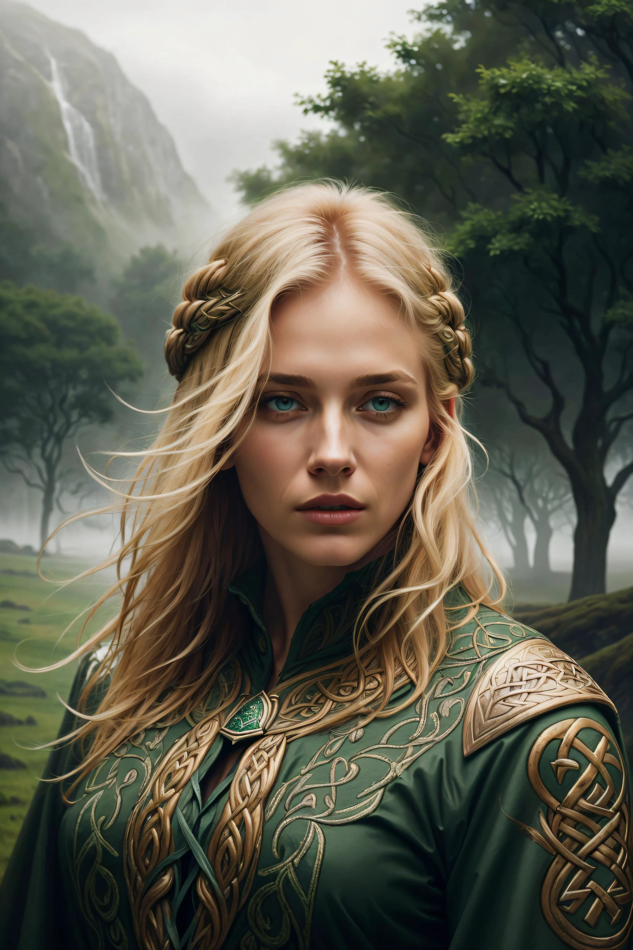 ((best quality)), ((masterpiece)), (detailed),4k, beautiful woman, blonde hair, green eyes, beautiful eyes, detailed face, <lora:CeltPunkAI:0.6>, CeltPunkAI, fur cape, rain, mist, wind, fog, dark
