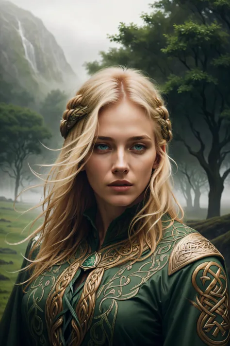 ((best quality)), ((masterpiece)), (detailed),4k, beautiful woman, blonde hair, green eyes, beautiful eyes, detailed face,  <lora:CeltPunkAI:0.6>, CeltPunkAI, fur cape, rain, mist, wind, fog, dark