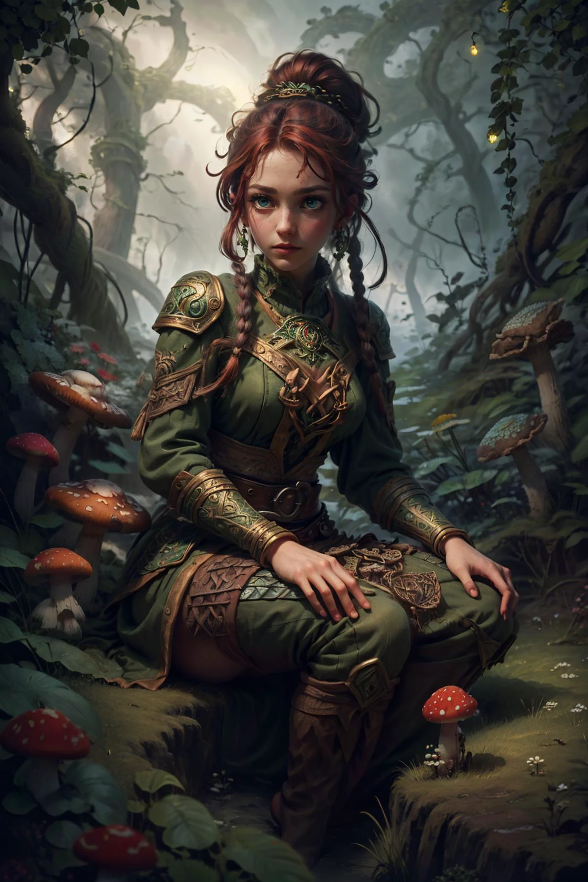 (masterpiece, best quality), photorealistic rendering, game cg cinematic, <lora:add_detail_v5:1>, <lora:anime3d:0.75>, <lora:3DMM_V12:0.25>, 3DMM,
1 girl, adult woman, green eyes, dark red updo hairstyle,
portrait, solo, (full body:0.6), looking at viewer, detailed background, detailed face, (<lora:CeltPunkAI:0.5>, CeltPunkAI, barbarian celtic theme:1.1) mushroom druid, sitting, highly detailed mushroom themed dark purple clothing, natural, moss, living mushrooms, spreading, mushroom garden in background, mysterious dark night, green magical lights, ethereal atmosphere,
<lora:duobackground:0.6>,